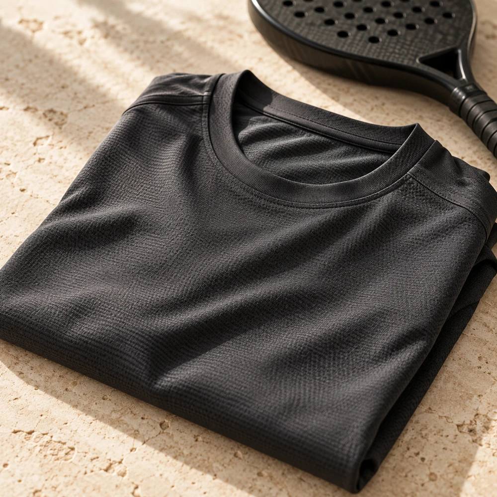 Beispielbild für Padel Fox: ein schlichtes dunkles Sportshirt. Die eigene Kollektion folgt.
