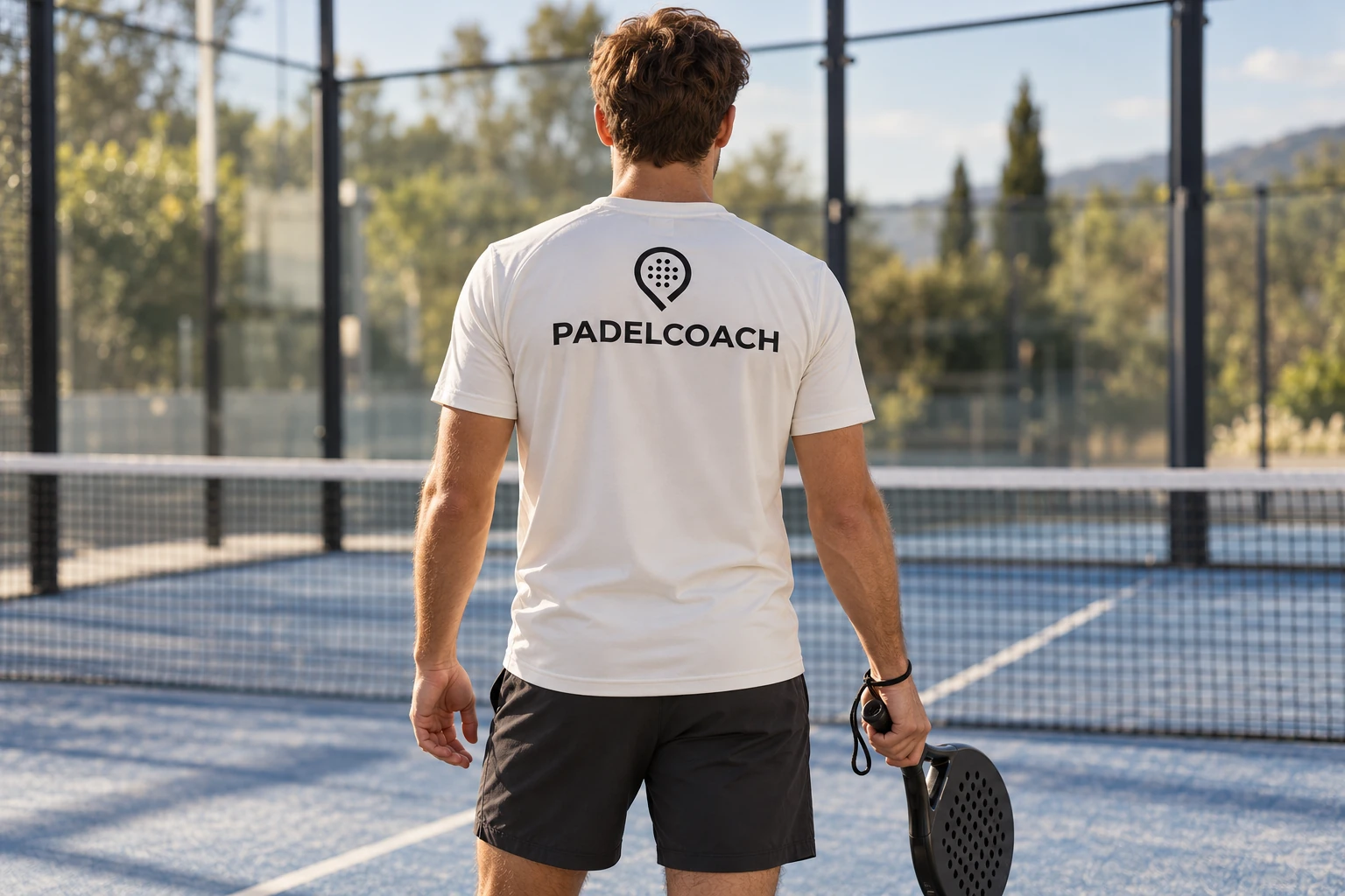 Padelcoach mit Padelschläger auf dem Court