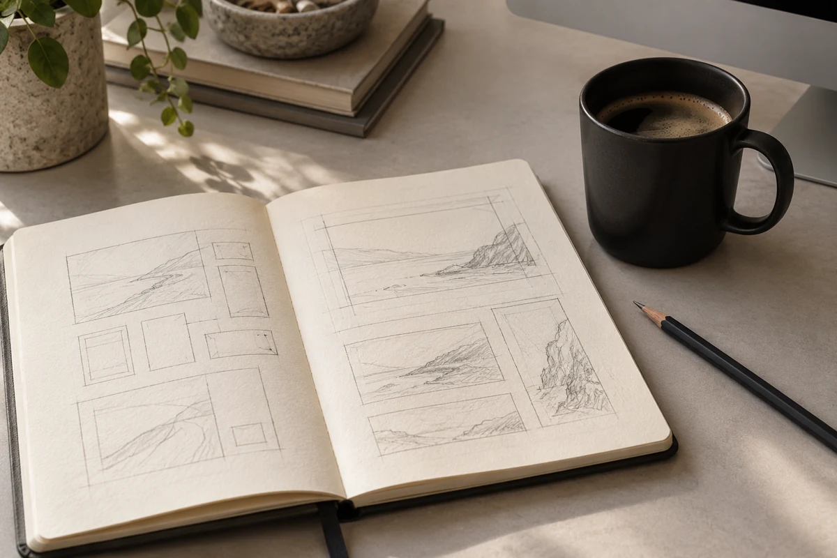 Beispielbild: Skizzenbuch und Kaffeetasse auf einem Design-Arbeitsplatz